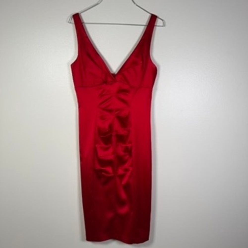Cache Cocktail Dress Womens 10 Red Satin Ruched V-Neck Sheath Midi